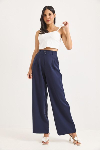 Raneel Kazançlı Alışveriş High Waist Wide Leg Trousers Navy Blue