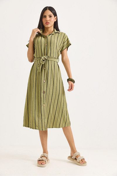 Raneel Kazançlı Alışveriş Stone Belted Striped Mini Shirt Dress Green