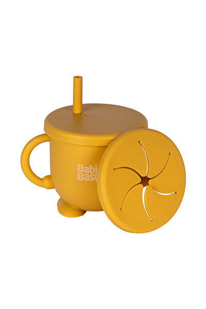 Babies Basic كوب سيليكون متعدد الاستخدامات 2 في 1 من بيبيز بيسيك مع شفاطة أو غطاء للوجبات الخفيفة - أصفر