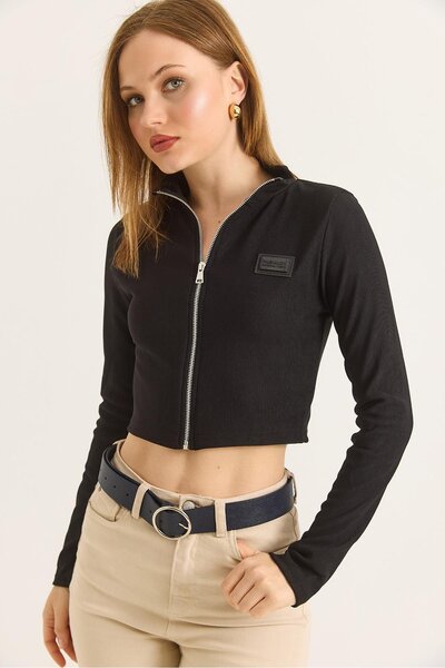 Raneel Kazançlı Alışveriş Stand Collar Zipper Crop Blouse Black