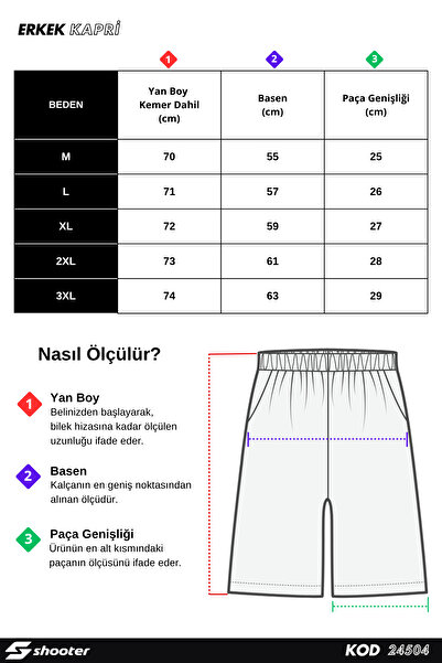 Shooter Sportswear Erkek Yazlık Kapri Klasik Siyah Rahat Kalıp Fermuar Cepli Beli Lastikli Ayarlanabilir Fermuarlı Cep