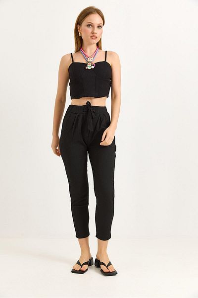 Raneel Kazançlı Alışveriş Tie Detailed Wrinkled Knitted Pants Black