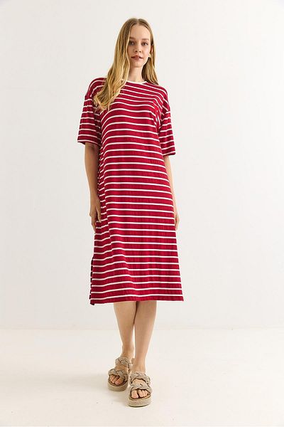 Raneel Kazançlı Alışveriş Crew Neck Short Sleeve Relaxed Cut Dress Burgundy