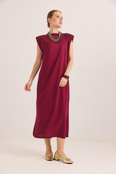Raneel Kazançlı Alışveriş Crew Neck Shoulder Padded Knitted Dress Burgundy