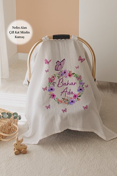 Lilabio %100 Pamuk İsme Özel Çift Katlı Müslin Puset Örtüsü - Çiçek Çemberi