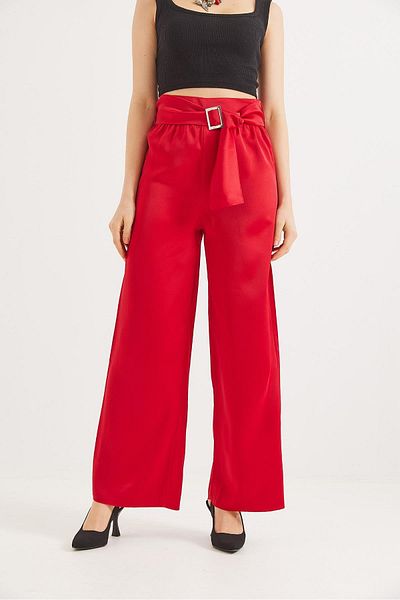 Raneel Kazançlı Alışveriş Belted High Waist Flared Trousers Red