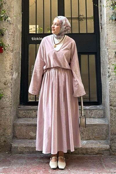 Ceylan Otantik Σετ από οργανικό λινό φούστα Dusty Rose και μπλούζα με V λαιμόκοψη