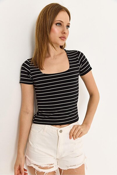 Raneel Kazançlı Alışveriş Square Neck Lycra Cotton Blouse Black