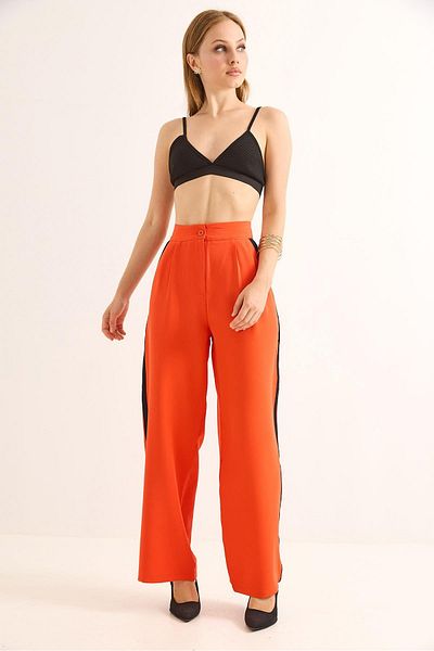 Raneel Kazançlı Alışveriş High Waist Palazzo Trousers with Side Stripes Orange