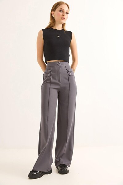 Raneel Kazançlı Alışveriş Button Detailed High Waist Wide Leg Trousers Smoked