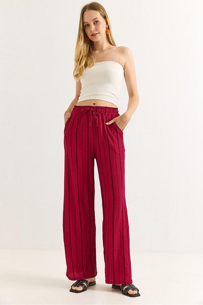 Raneel Kazançlı Alışveriş Wrapped Striped Relaxed Cut Pantalon Burgundy