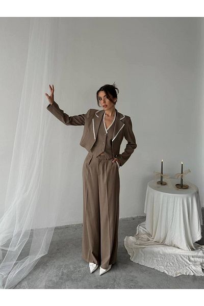 BUTİK ELAJ Women's Guipure Embroidered Polyviscon Brown Jacket Vest Pants Suit