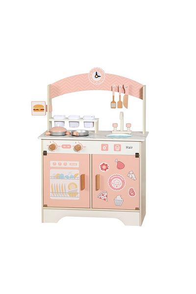 rexa wooden play kitchen set for children, featuring a sink, stove, oven, and accessories like utensils