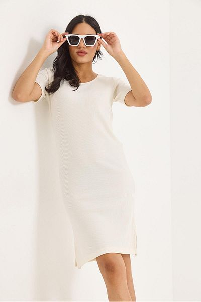 Raneel Kazançlı Alışveriş Short Sleeve Crew Neck Midi Dress with Slit Detail White