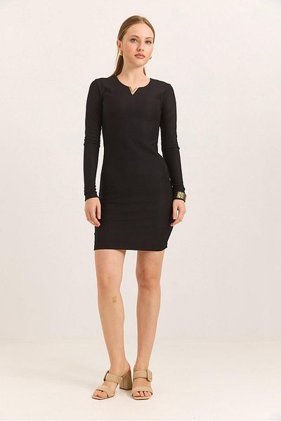 Raneel Kazançlı Alışveriş V Neck Long Sleeve Mini Ribbed Knitted Dress with Metal Accessories Black