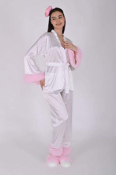 Nana & Mayka Moda White Satin Maternity Set - Pajama Set - Crown, Slippers - 4 Pieces - Pink 3425