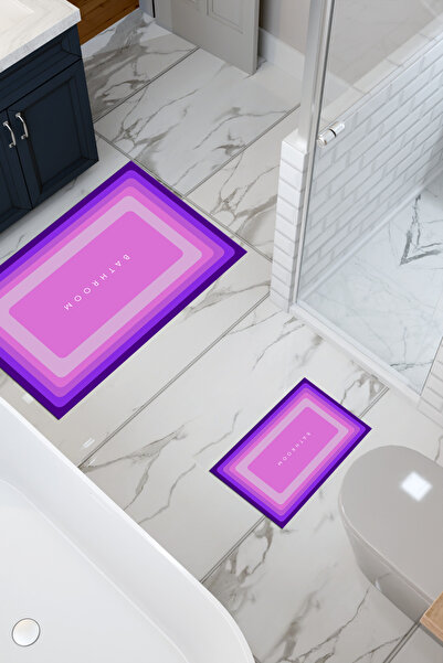 THEMODERNHANE Bathroom Desenli Eko Banyo Paspası, Kaymaz Taban, Makinada Yıkanabilir, Dijital Baskı 2'li Set