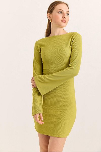 Raneel Kazançlı Alışveriş Turtleneck Backless Spaghetti Sleeve Fat Green Dress