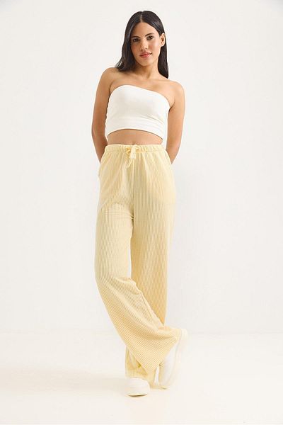Raneel Kazançlı Alışveriş Waist Tied Wide Leg Line Patterned Trousers Yellow