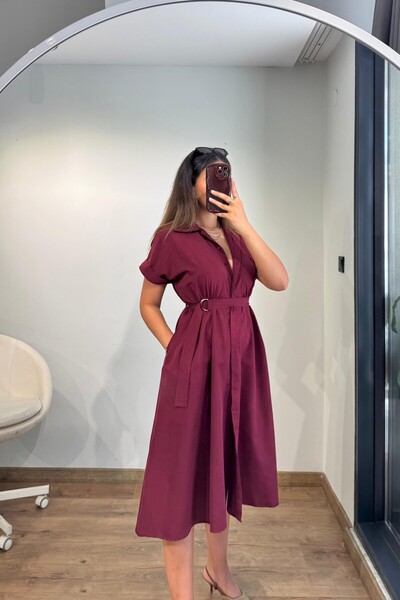 Güneş Belt Detailed Shirt Collar Midi Dress