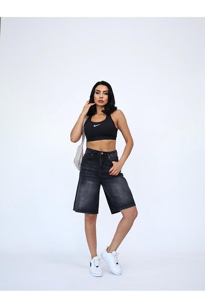 Zeo Basic Pantaloni scurți din denim Lycra afumat de lungime midi pentru femei