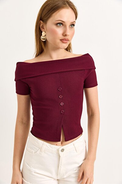 Raneel Kazançlı Alışveriş Boat Neck Button Detailed Ribbed Knitted Blouse Bur...