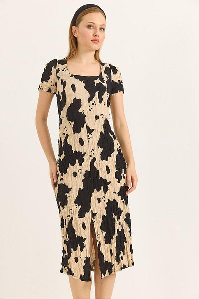 Raneel Kazançlı Alışveriş Square Neck Slit Short Sleeve Black Dress