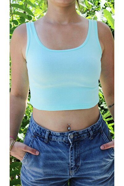 Afri Women's Baby Blue Basic Ribbed Tank Crop – Lycra Sports Top