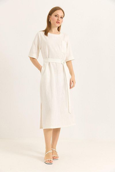 Raneel Kazançlı Alışveriş Pocket Belt Detailed Slit Woven Linen Dress White
