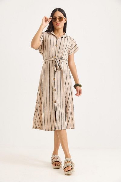 Raneel Kazançlı Alışveriş Stone Belted Striped Mini Shirt Dress Mink