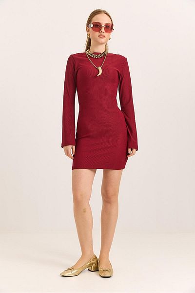 Raneel Kazançlı Alışveriş Turtleneck Backless Spaghetti Sleeve Burgundy Dress