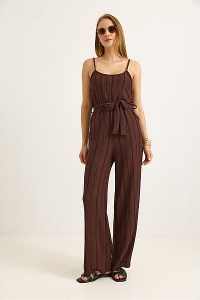 Raneel Kazançlı Alışveriş Women's Jumpsuit with Belt and Pockets Brown