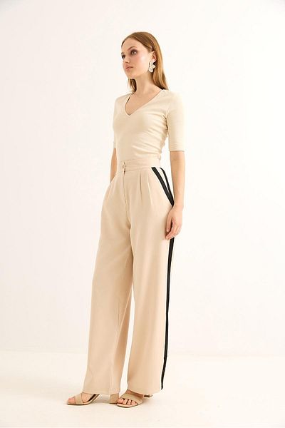 Raneel Kazançlı Alışveriş High Waist Palazzo Trousers with Side Stripes Beige