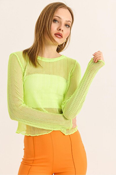 Raneel Kazançlı Alışveriş Neon Yeşil File Bluz