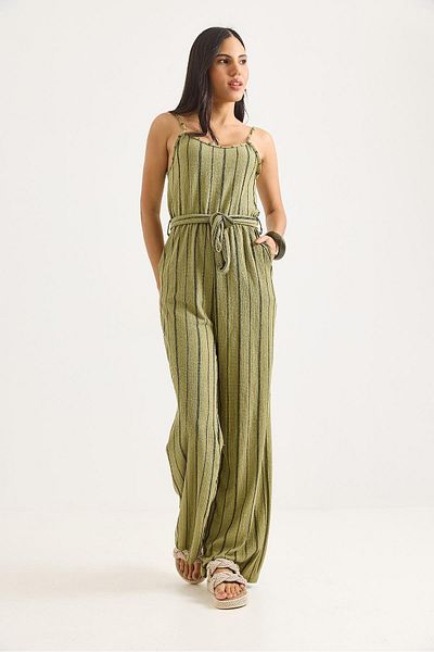 Raneel Kazançlı Alışveriş Women's Jumpsuit with Belt and Pockets Green