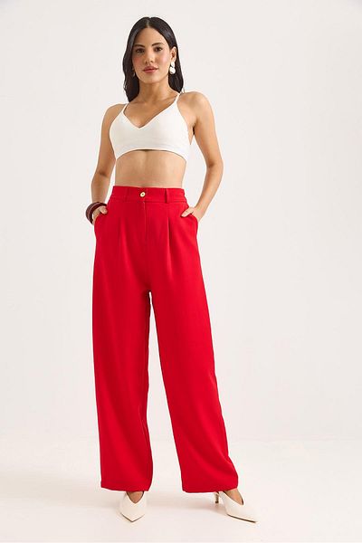 Raneel Kazançlı Alışveriş High Waist Wide Leg Trousers Red