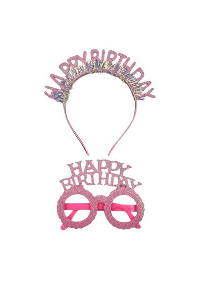 Le Mabelle Pink Happy Birthday Written Crown and Party Glasses