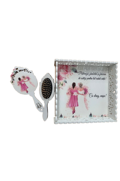 OEM Set tava pentru gatitul Miresei, lemn alb cu imprimeu UV roz 2, 3 piese, 28x28cm.