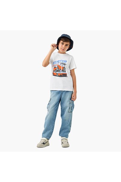 Juniors Car Print T-shirt with Crew Neck and Short Sleeves