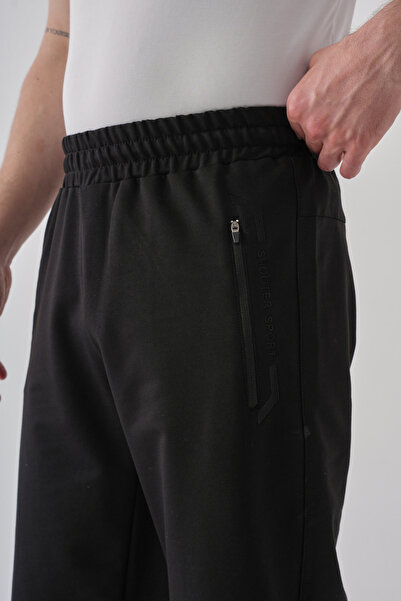 Shooter Sportswear Erkek Yazlık Şort Premium Siyah Fermuarlı Cep Rahat Kalıp Beli Ayarlanabilir Lastikli Nakış Detaylı