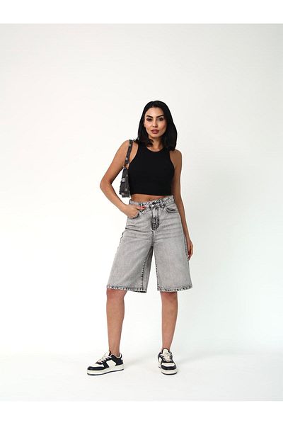 Zeo Basic Women's Midi Length Light Gray Denim Shorts