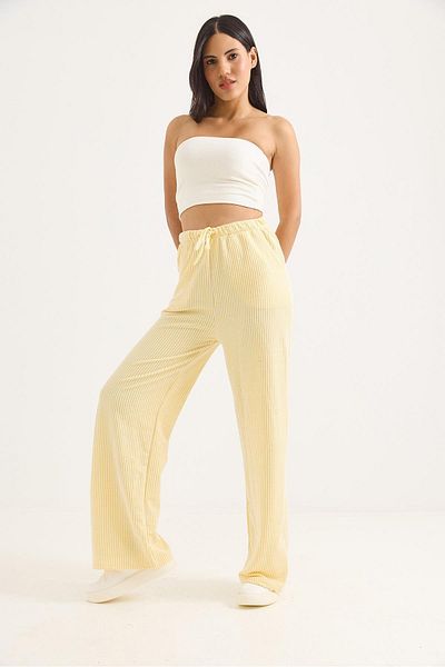 Raneel Kazançlı Alışveriş Waist Tied Wide Leg Line Patterned Trousers Yellow
