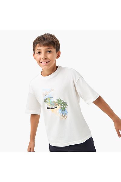 Juniors Graphic Print Crew Neck T-shirt with Short Sleeves