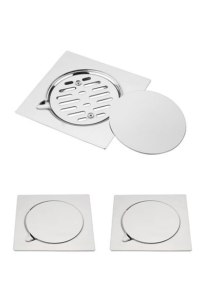 Lawazim Stainless Steel Floor Drain Set 3 pcs 15x15cm Square Cover with Strainer and Lid