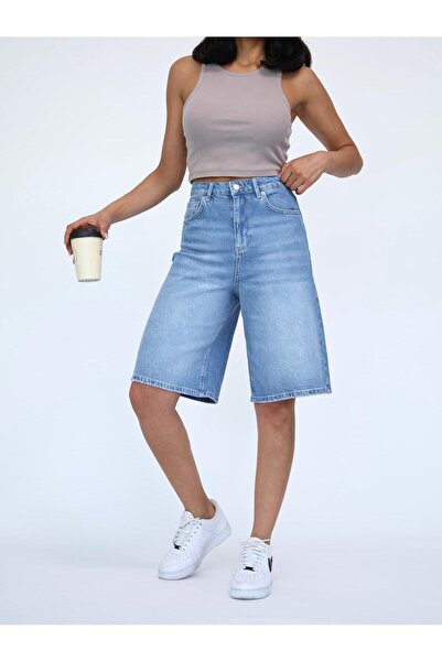 Zeo Basic KADIN MİDİ BOY ORTA MAVİ LİKRALI KOT ŞORT