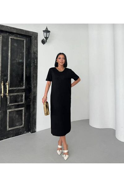 Butik Black Side Slit Modal Casual Dress