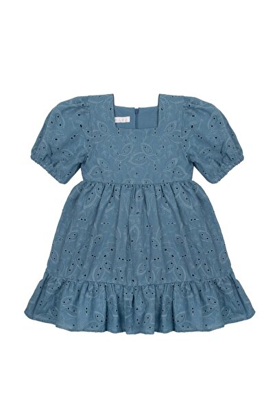 By Mare Style Faye-Pure Organic Cotton Flywheel Sleeve Blue Girl's Dress