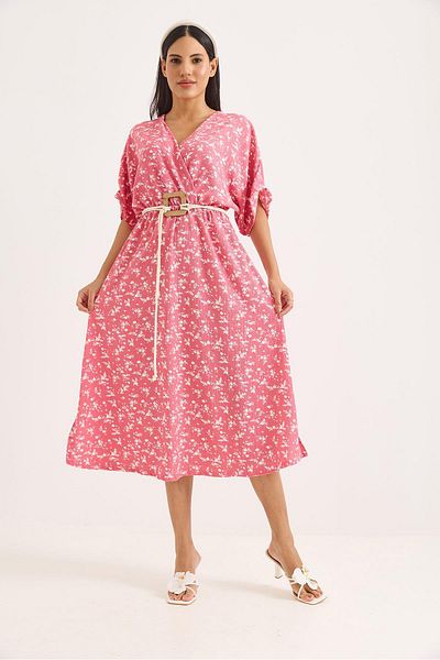 Raneel Kazançlı Alışveriş Belt Detailed Elastic Waist Slit Flared Dress Dusty Rose