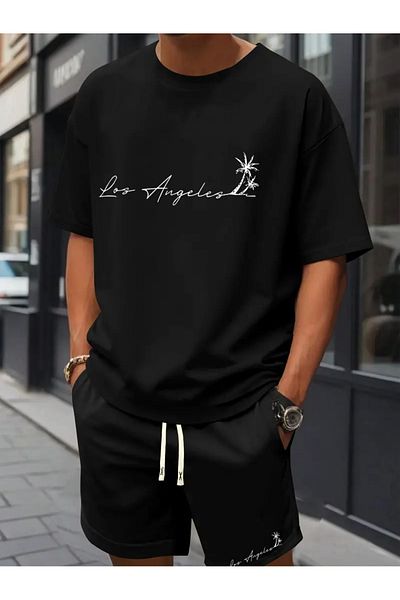 Karatopak Los Angeles Agaç Printed Oversize Unisex T-Shirt Shorts Set