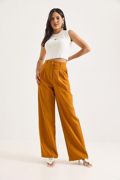 Raneel Kazançlı Alışveriş High Waist Wide Leg Trousers Mustard